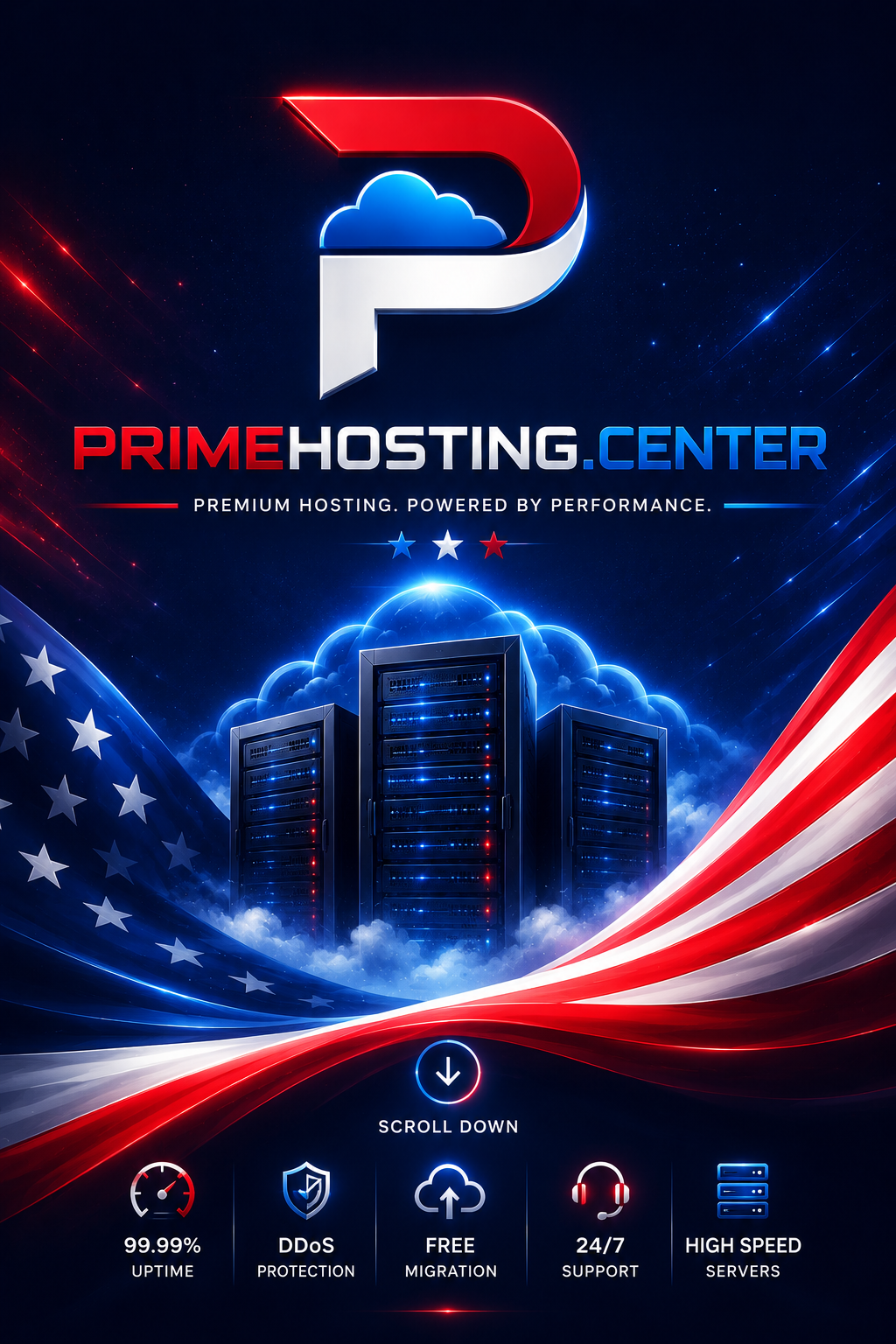 PrimeHosting.center red white and blue hosting logo